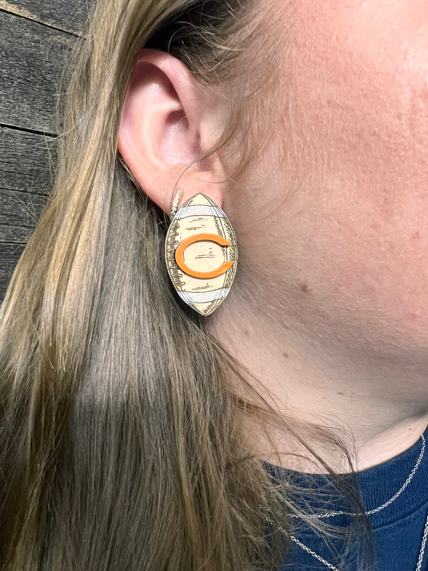 Football stud Earrings, engraved wood football earrings