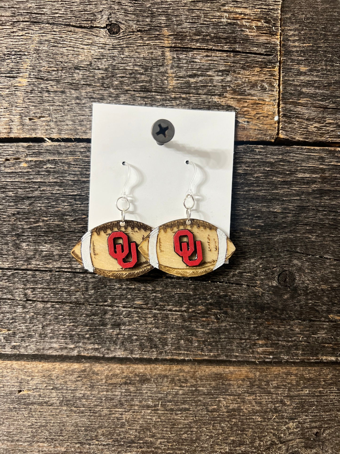 Oklahoma OU Sooners Football Earrings, engraved wood football earrings