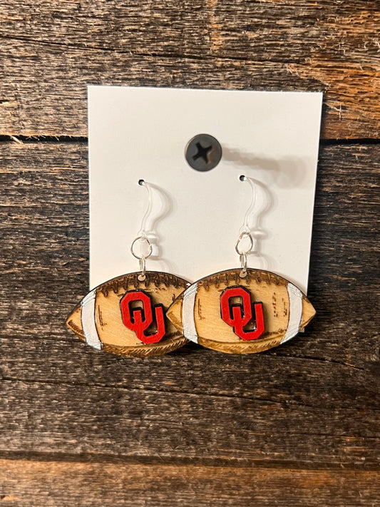 Oklahoma OU Sooners Football Earrings, engraved wood football earrings