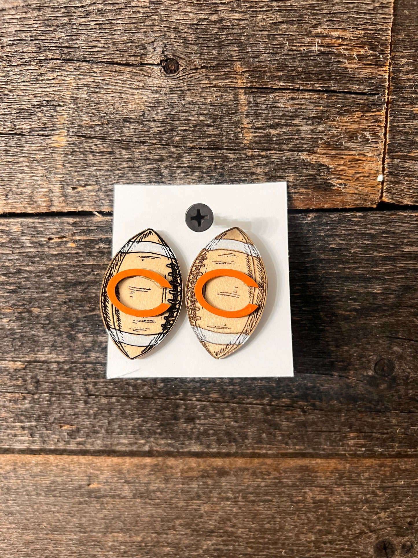Football stud Earrings, engraved wood football earrings