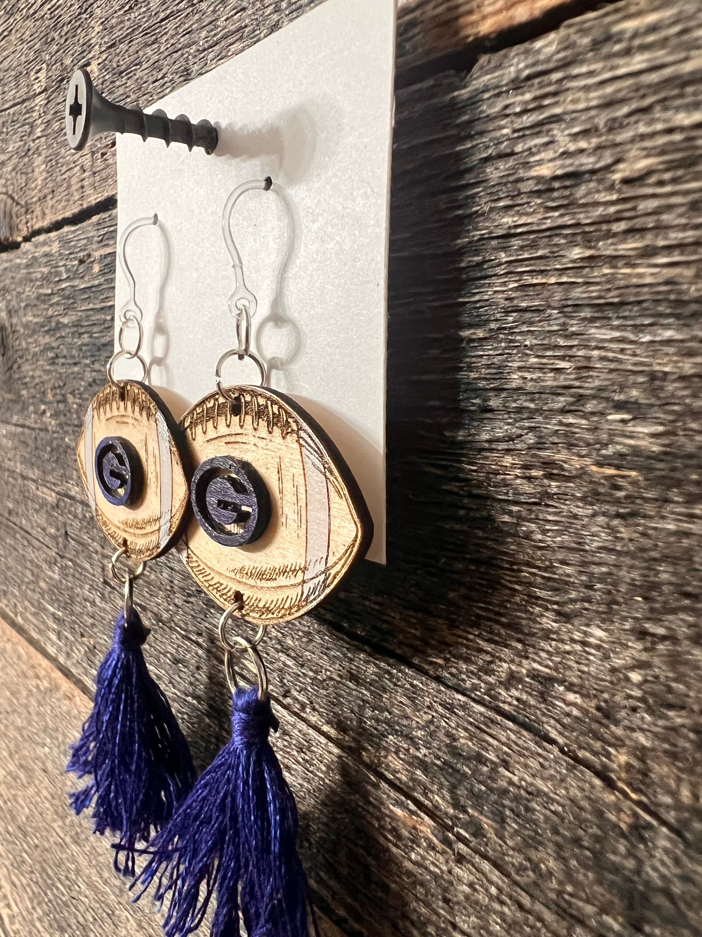 Guthrie Football Earrings, engraved wood football earrings
