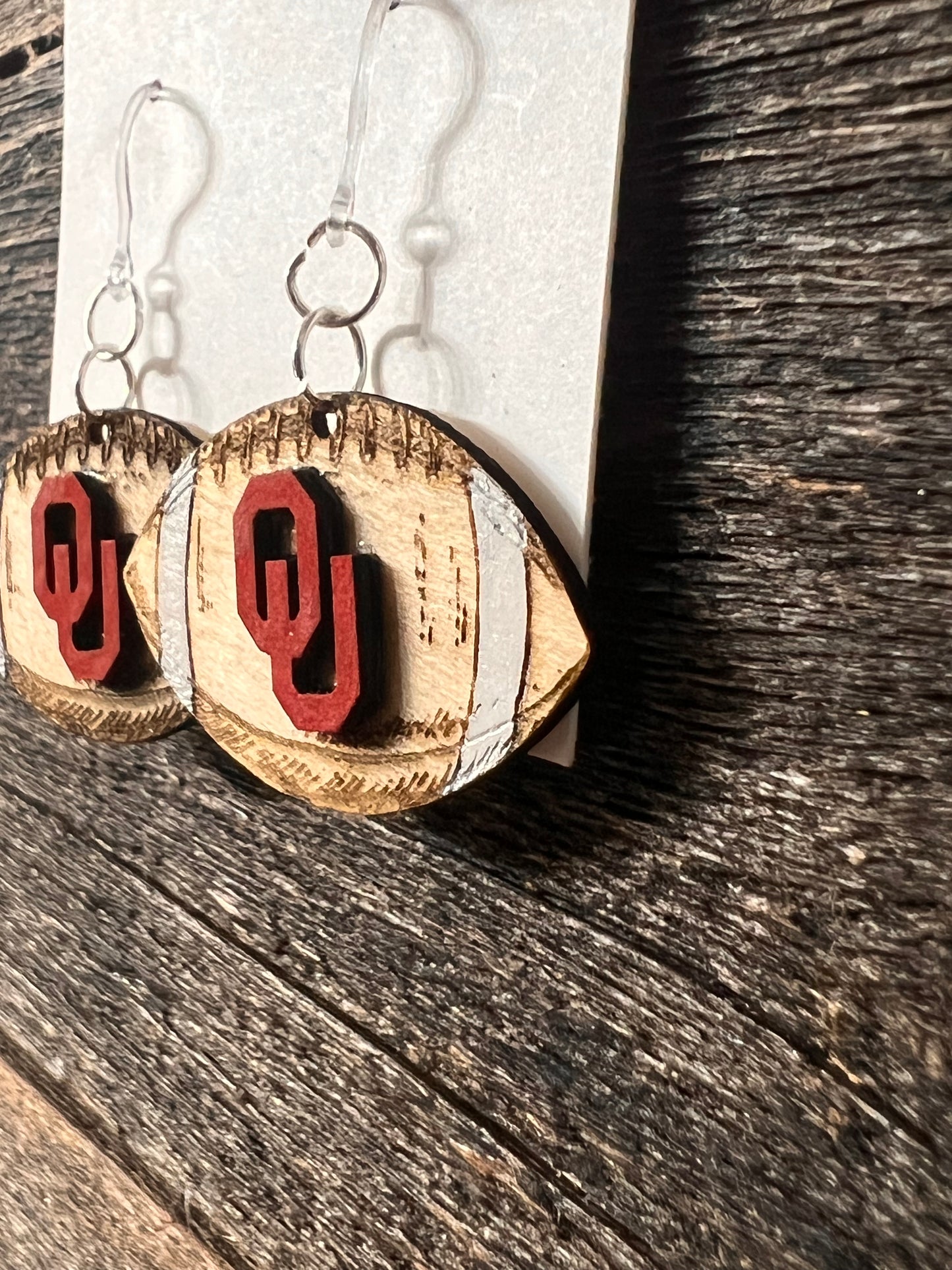 Oklahoma OU Sooners Football Earrings, engraved wood football earrings