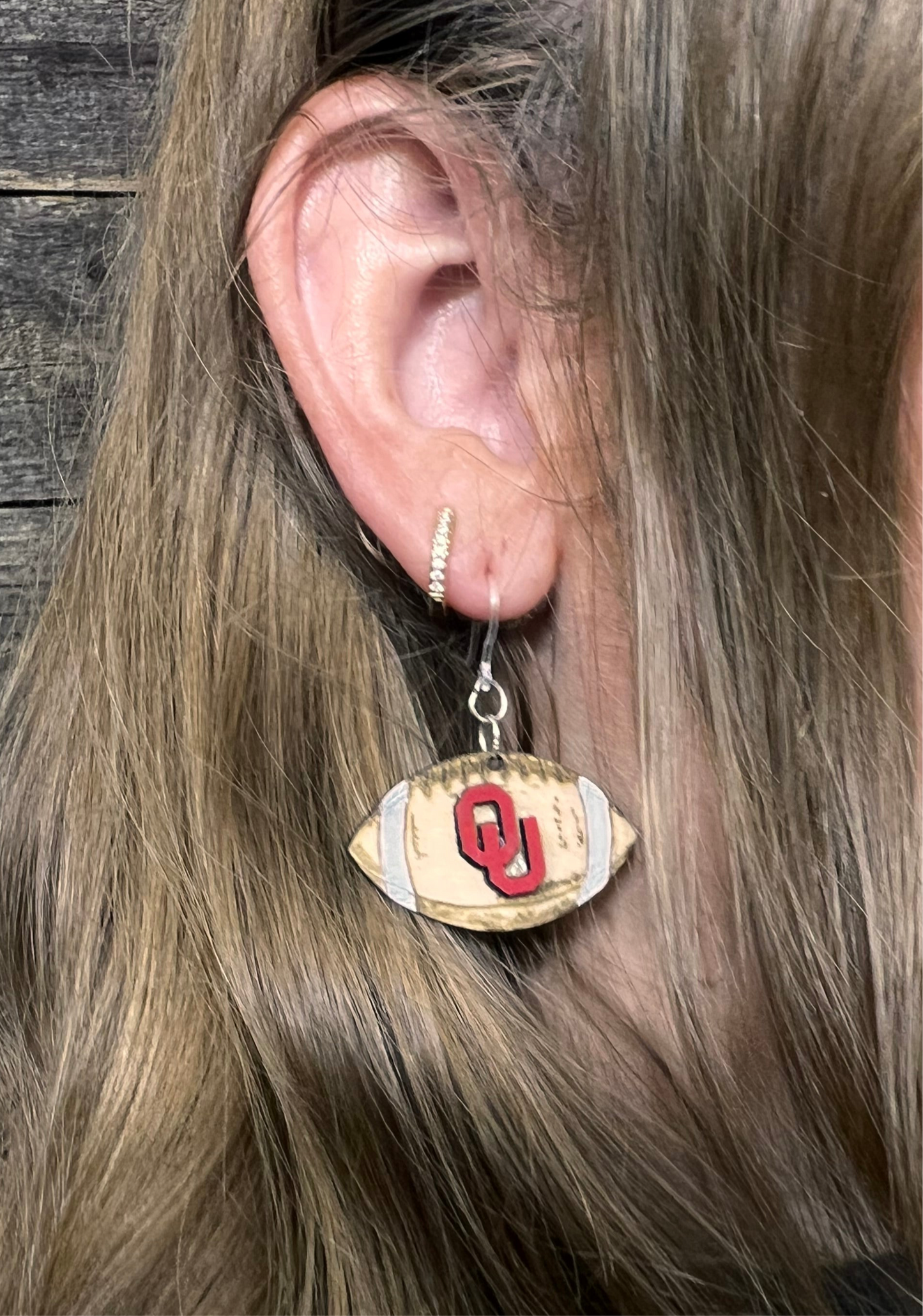 Oklahoma OU Sooners Football Earrings, engraved wood football earrings