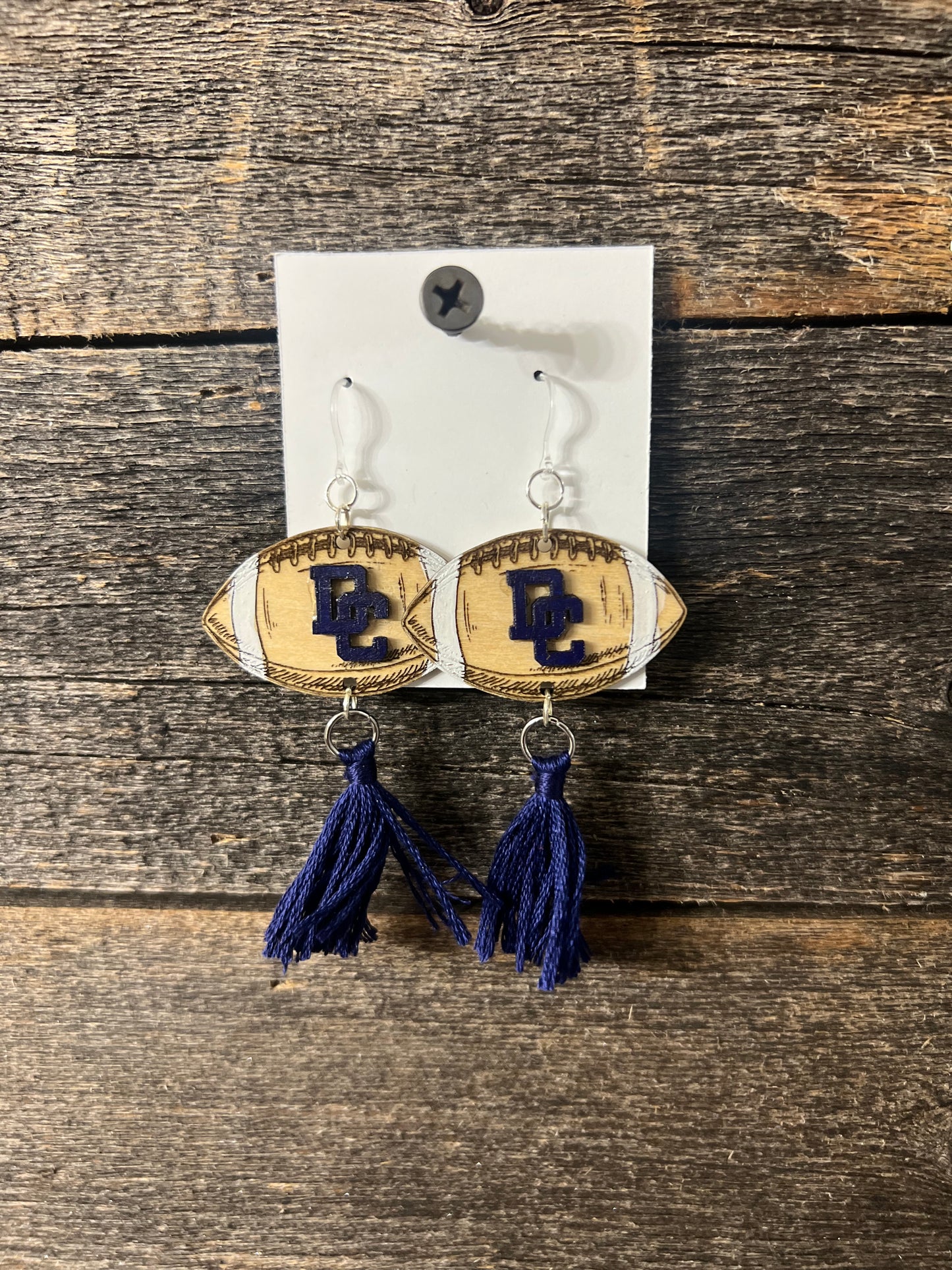 Deer Creek Earrings, engraved wood football earrings