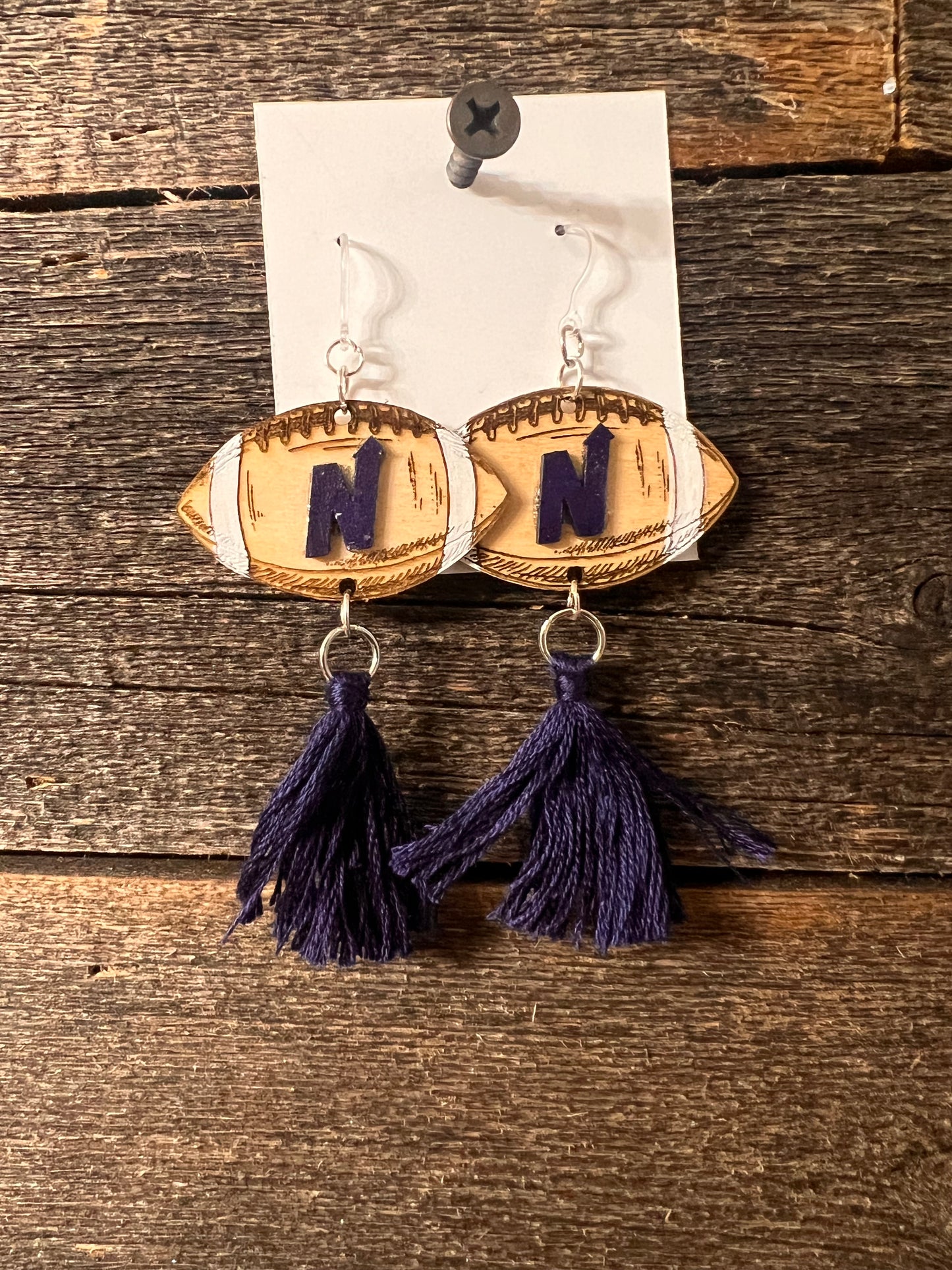 Edmond North Earrings, engraved wood football earrings