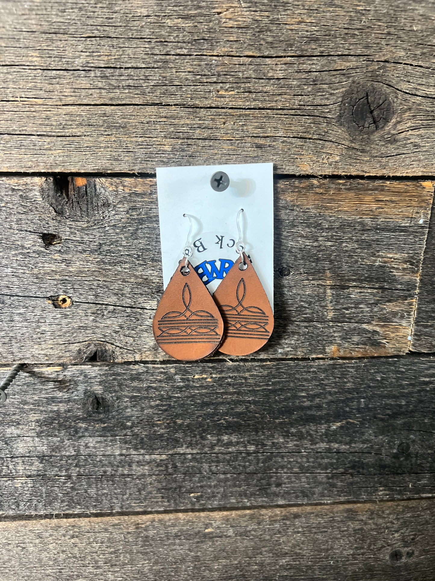 Boot Stitch Teardrop Earrings, Leather, Engraved Design