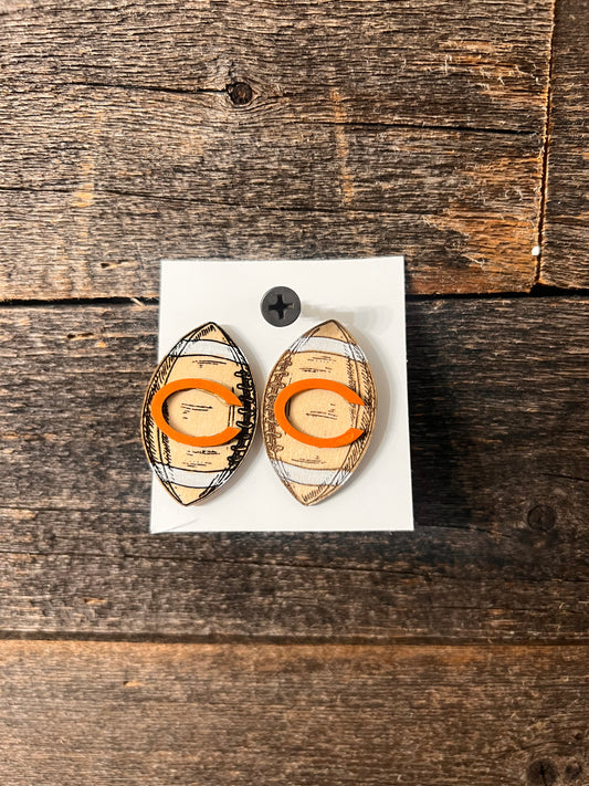 Football stud Earrings, engraved wood football earrings
