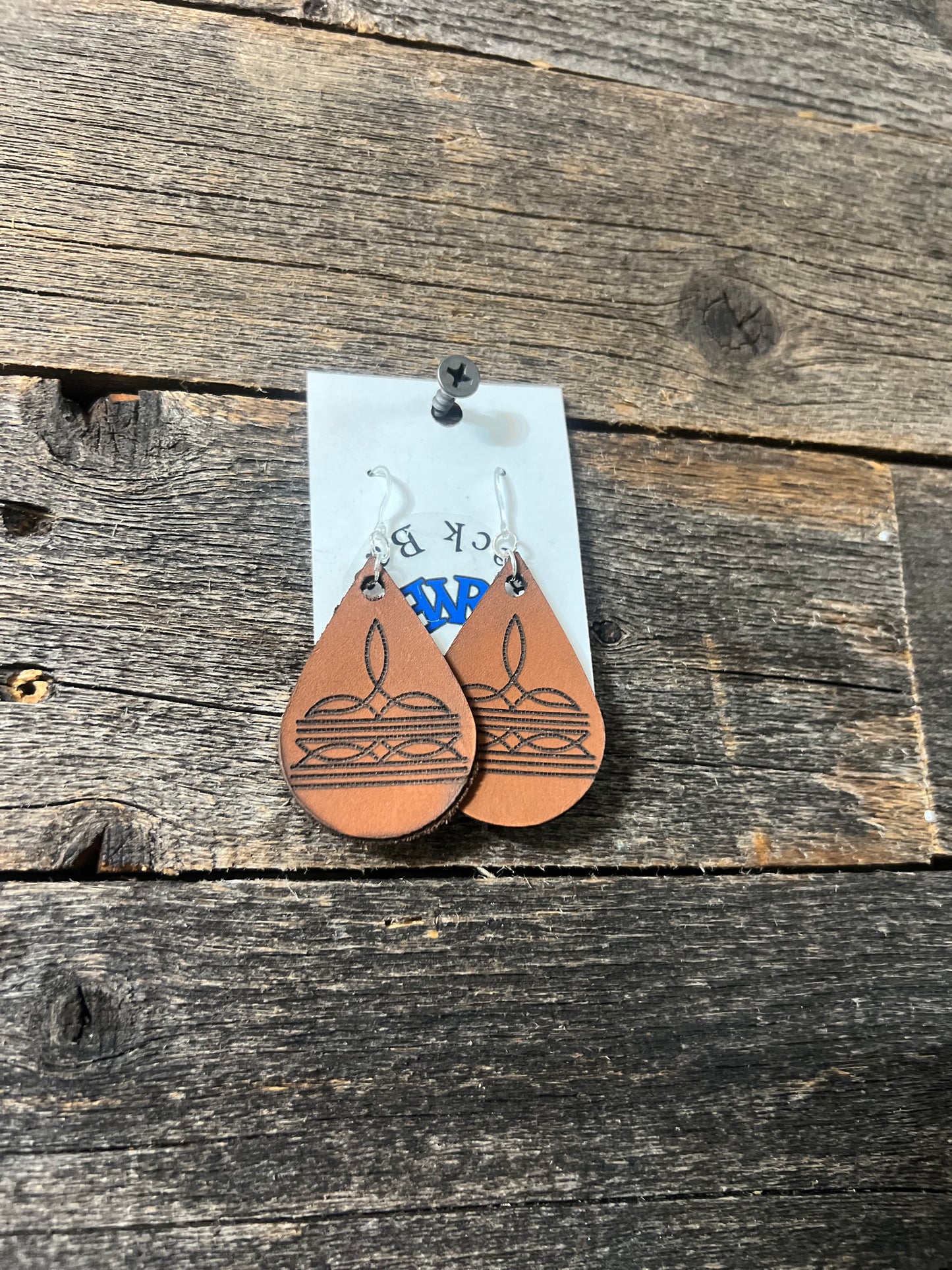 Boot Stitch Teardrop Earrings, Leather, Engraved Design