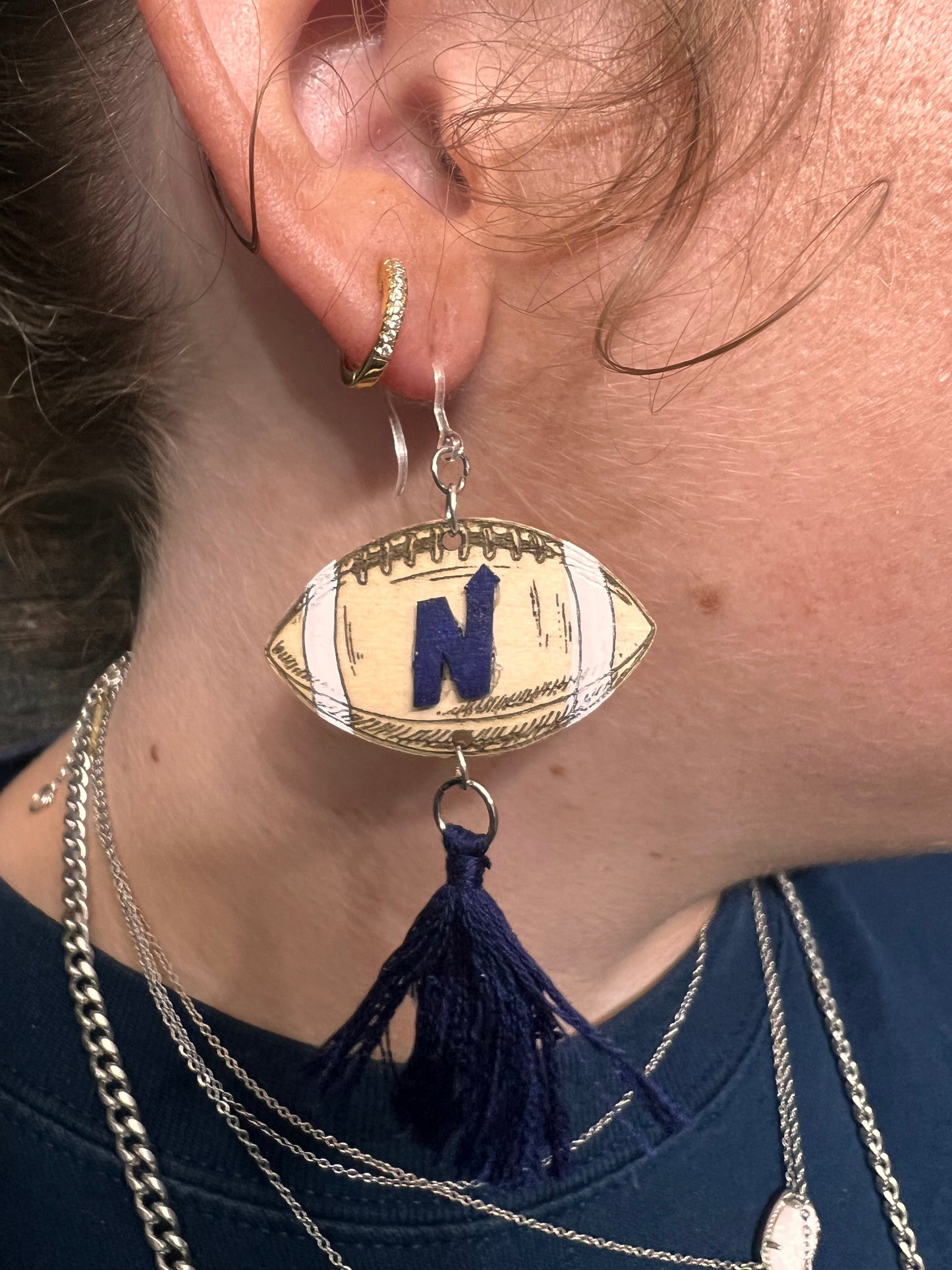 Edmond North Earrings, engraved wood football earrings