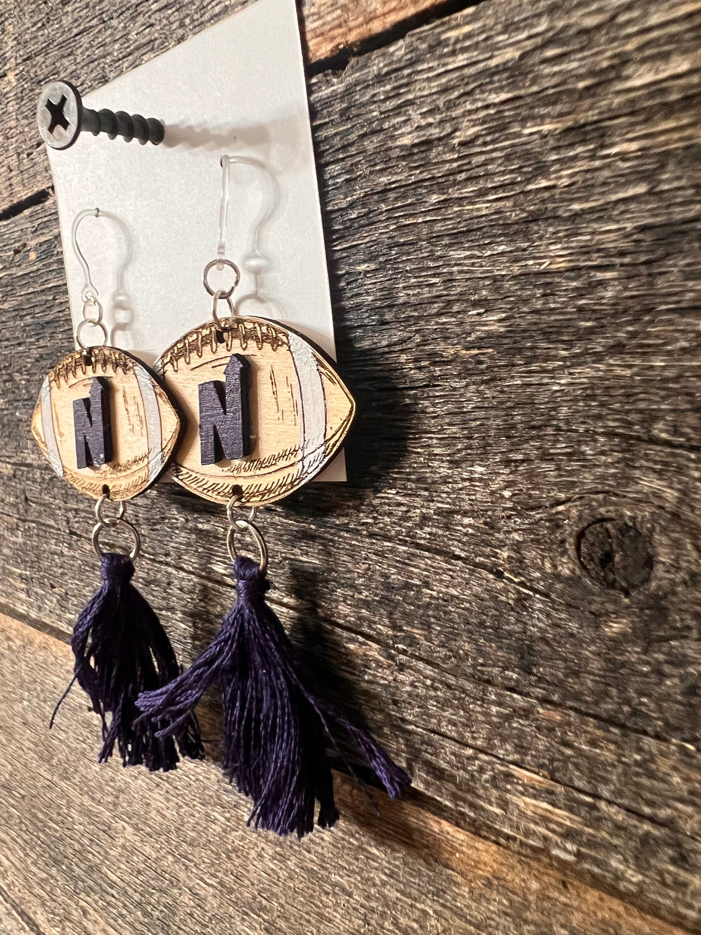 Edmond North Earrings, engraved wood football earrings