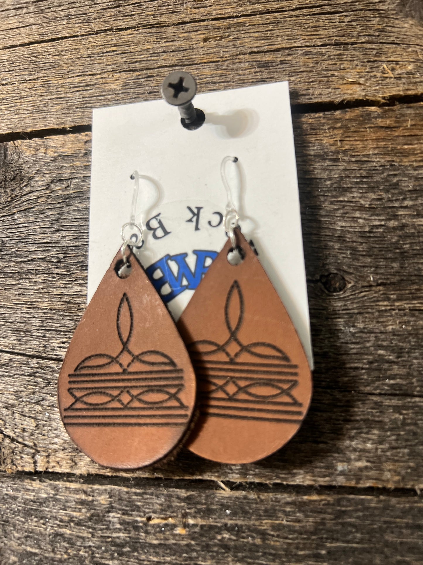 Boot Stitch Teardrop Earrings, Leather, Engraved Design